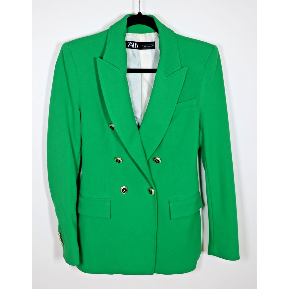 Zara Blazer Women's X-Small Green Tailored Double Breasted Gold Buttons Preppy‎